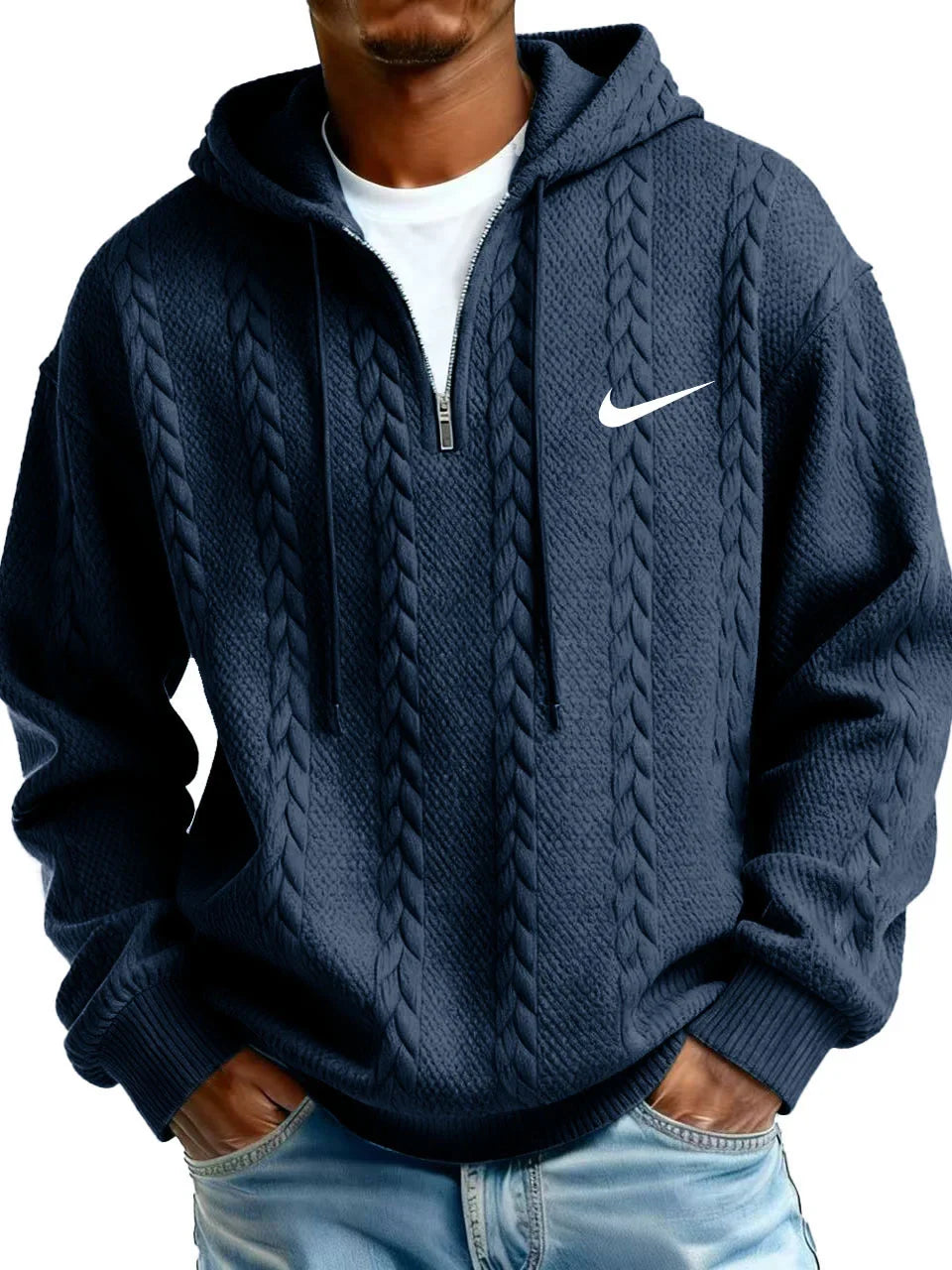 Men's Half Zip Cable-Knit Textured Fleece Hoodie