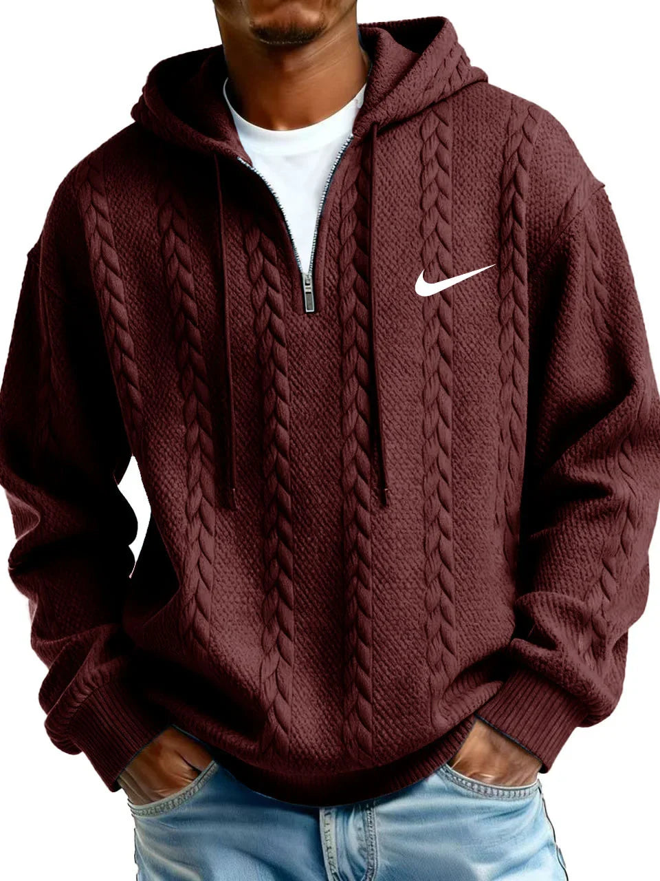 Men's Half Zip Cable-Knit Textured Fleece Hoodie